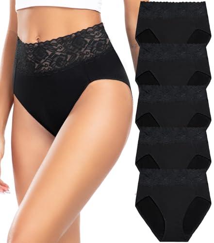 Wealurre Womens Underwear Cotton Bikini Panties for Women High Waisted Lace Hipster Stretch Briefs for Ladies 5 Pack(6005L,Black) Size L