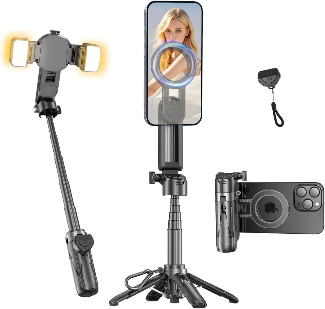 Magnetic Mini Phone Selfie Stick, Small Portable Pocket Tripod for iPhone/Android, Magnetic Chuck  Clip 2 in 1, with Detachable Remote & 2 Fill Light for Photograph/Live/Video Recording