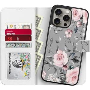 LUMARKE Designed for iPhone 13 Pro Wallet Case - Detachable Flip Folio Cover - RFID Blocking 4 Card Slots Holder - Leather Magnetic Kickstand - Protective Phone Case 6.1",Elegant Pink Floral