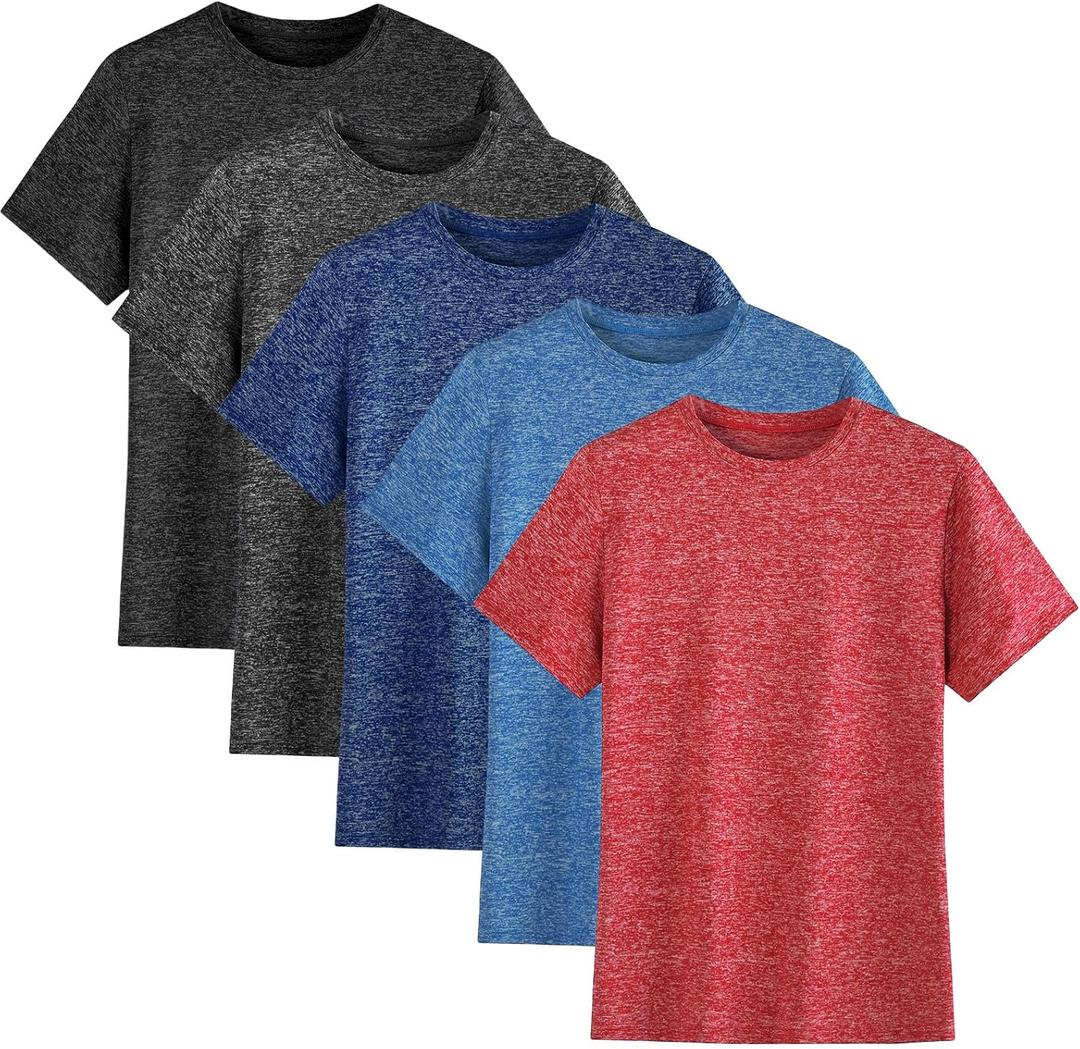 5-Pack Boys Athletic Quick Dry T-Shirts Youth Activewear Short Sleeve Tops, (9-10 Years, Heather Black/Heather Grey/Navy Blue/Red/Blue)