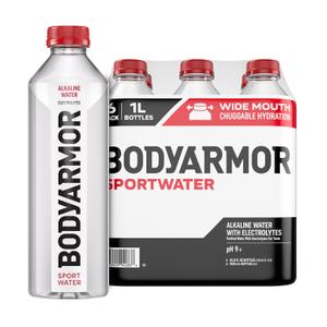 BODYARMOR SportWater Alkaline Water, High Alkaline Bottled Water, pH 9+, 1 Liter (6 Pack), Refreshing Electrolyte Water Pack, Wide Mouth Bottle (EXP 12/31/27)