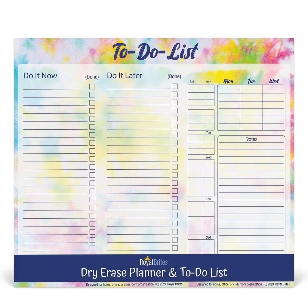 Royal Brites Dry Erase Planner & To-Do List Poster (14" x 22") – Reusable Tie-Dye Daily Task Board for Wall, Home, Office & Classroom Organization