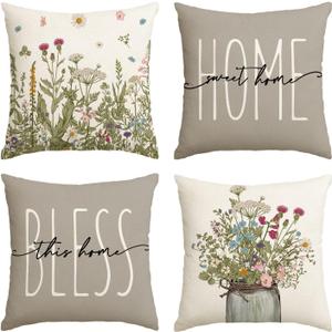 AVOIN colorlife Fall Wildflowers Home Sweet Home Throw Pillow Covers, 18x18 Inch Autumn Seasonal Decorations for Home Set of 4 (18" x 18" (Pack of 4))