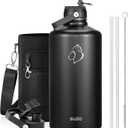 BUZIO 1 Gallon Water Jug with Straw Handle Lid, 128oz Water Bottle Stainless Steel Double Wall Hydro Jug 18/8 Food Grade Thermo Mug Keep Cold 48H & Hot 24H, Black