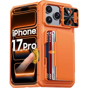 for iPhone 17 Pro Case Wallet, Built-in RFID Blocking Card Holder (4-5 Cards), Camera Control Button, Slide Camera Cover, Shockproof Rugged Silicone Phone Case for iPhone 17 Pro, Orange