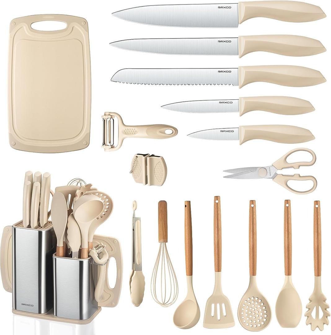 RAXCO Kitchen Set,18-Piece Silicone Cooking Utensils and Stainless Steel Chef's Knives,Khaki (Khiki)