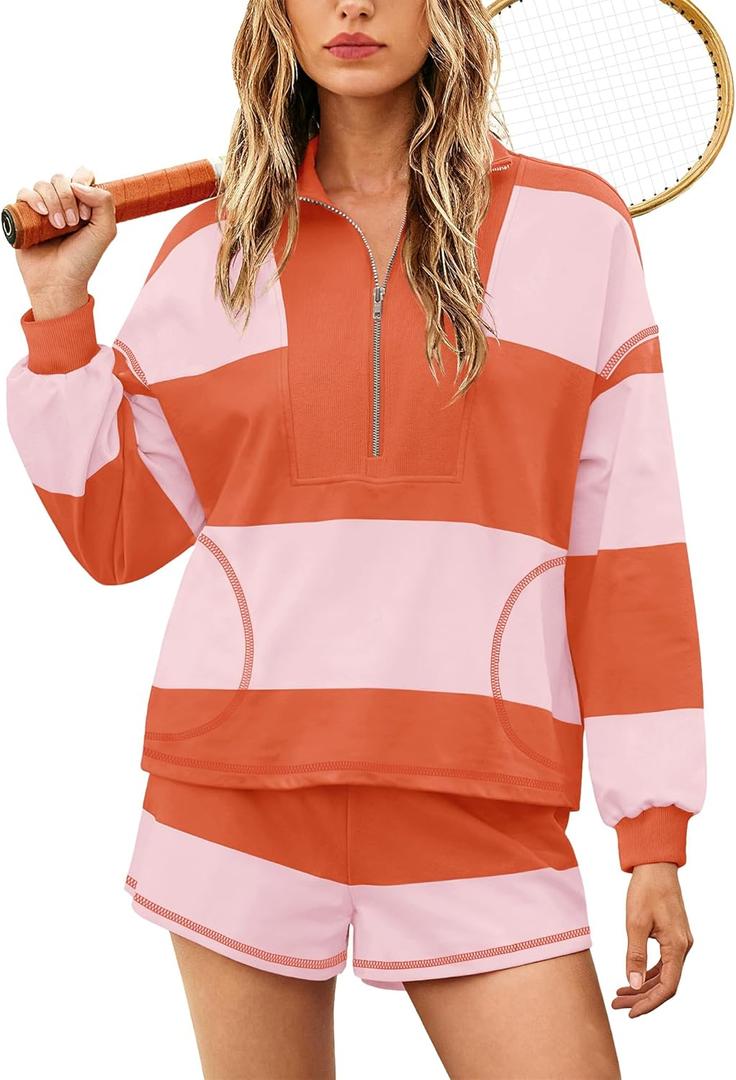Yanekop Womens Oversized Striped Set Matching Workout Sets Lounge Sets 2 Piece Outfits Half Zip Pullover and Shorts Set (Small, Orange Pink)