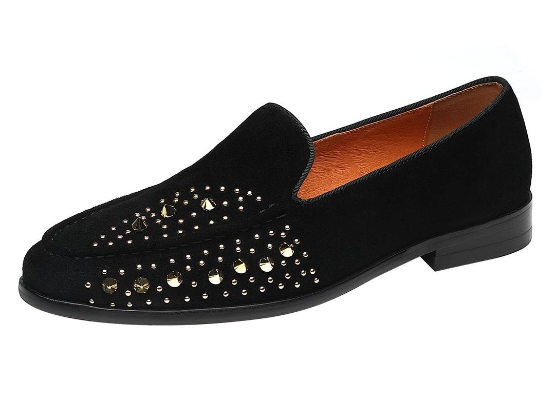 ELANROMAN Black Mens Studded Loafers Driving Fashion Wedding Party Suede Leather Penny Luxury Shoes US 9.5