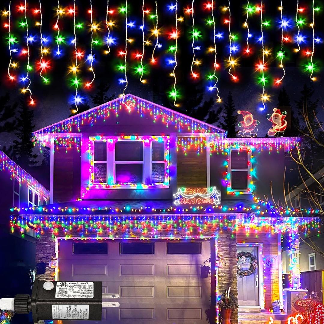 99ft Colored Christmas Lights Outdoor, 1216 LED Icicle Lights for Outside House with Clear Wire 8 Modes Timer, Plug in Waterproof for Home Holiday Eaves Yard Party Tree Room Wall Indoor Decoration (Multicolor)