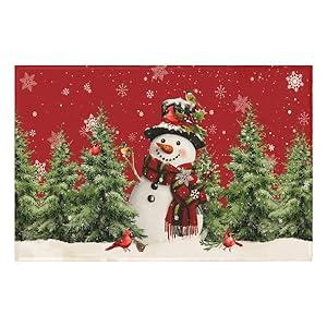 Wnoesat Red Snowman Christmas Rugs 2x3 Winter Pine Tree Bird Decorative Indoor Outdoor Doormat Small Non-Slip Low Pile Front Door Mat Area Throw Rugs for Living Room Bedroom Home Decor