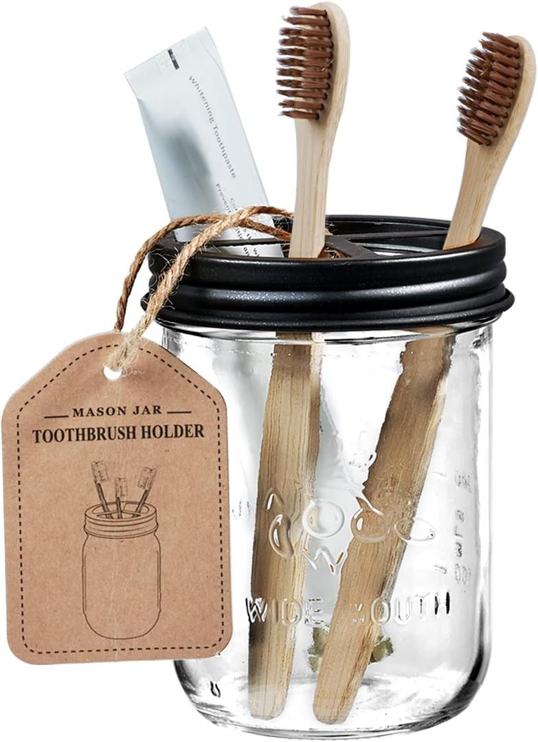 Amolliar Mason Jar Toothbrush Holder - Rustproof Stainless Steel - Holds 2 Toothbrushes and Toothpaste,with Chalkboard Labels - Farmhouse Dcor Bathroom Countertop and Vanity Storage Organizer,Black