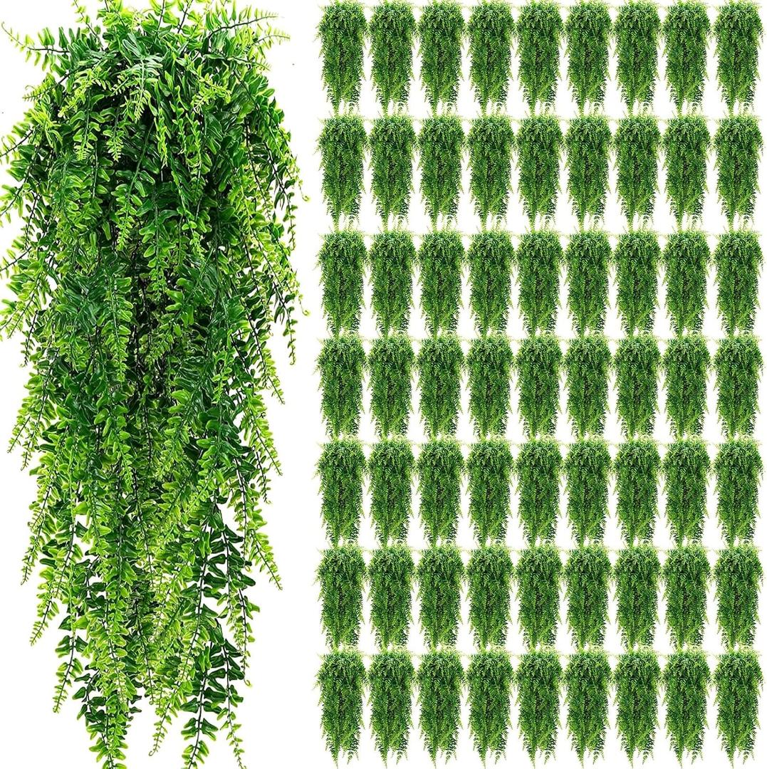 Geosar 64 Pcs Artificial Hanging Plants 32 Inch Hanging Boston Ferns Plastic Fake Plants for Wall Room Garden Wedding Garland Indoor Outdoor Decoration, No Basket
