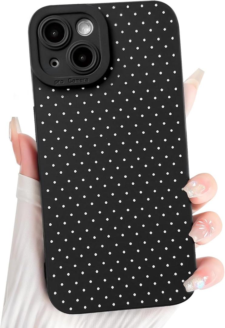 NITITOP Compatible with iPhone 15 Case Cute Aesthetic Little Polka Dots Pattern Design for Women Men Girls Soft TPU Shockproof Stylish Full Camera Protective Phone Cover - Black White