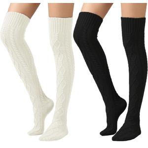 SherryDC Women's Cable Knit Thigh High Boot Socks Extra Long Winter Stockings Leg Warmers (2 Packs White+black)