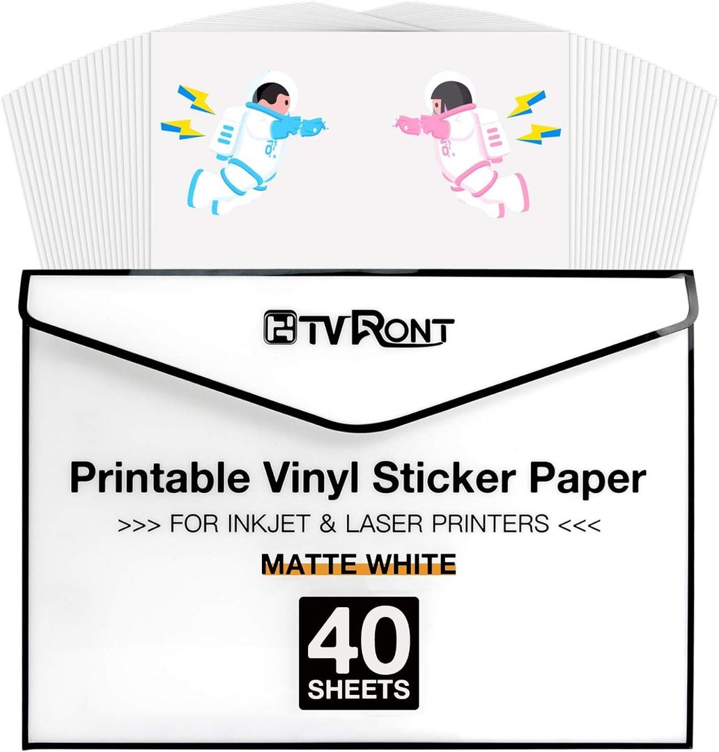 HTVRONT Printable Vinyl for Inkjet Printer & Laser Printer - 40 Pcs Matte White Inkjet Waterproof Printable Vinyl Sticker Paper, 8.5"x11"