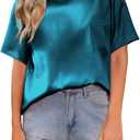 HOTOUCH Women's Satin Top Short Sleeve Silk Blouses Loose Crewneck Shirt Summer Casual Tunic with Pocket Small
