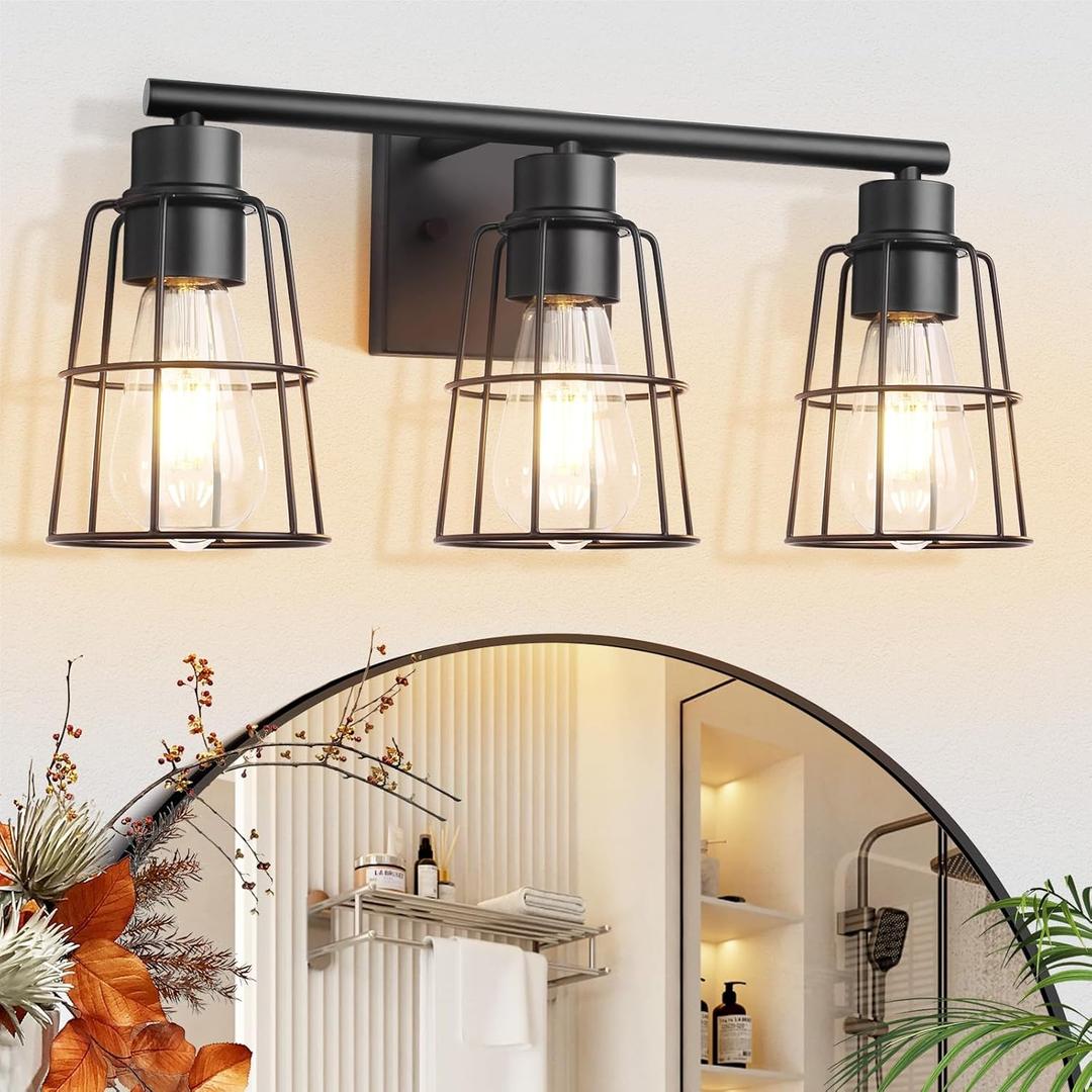 3-Light Bathroom Vanity Light Fixtures, Black Wire Cage Bathroom Light Fixtures Over Mirror, Farmhouse Rustic Wall Sconces with Metal Lampshade for Bedroom, 17.9 Inch, Industrial, Bulbs not Included