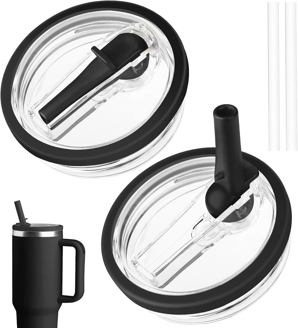 40 oz Tumbler Flip Straw Lid Replacement fit for Stanley Quencher, Spill Proof Tumbler Cover for Stanley Cup (black)
