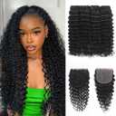 Deep Wave Human Hair Bundles with Closure 16 18 20 22+14 Inch 5x5 HD Lace Closure 15A Deep Curly 4 Bundles Human Hair More Full and Thick 100 Brazilian Virgin Wet and Wavy Water Wave Bundle Human Hair