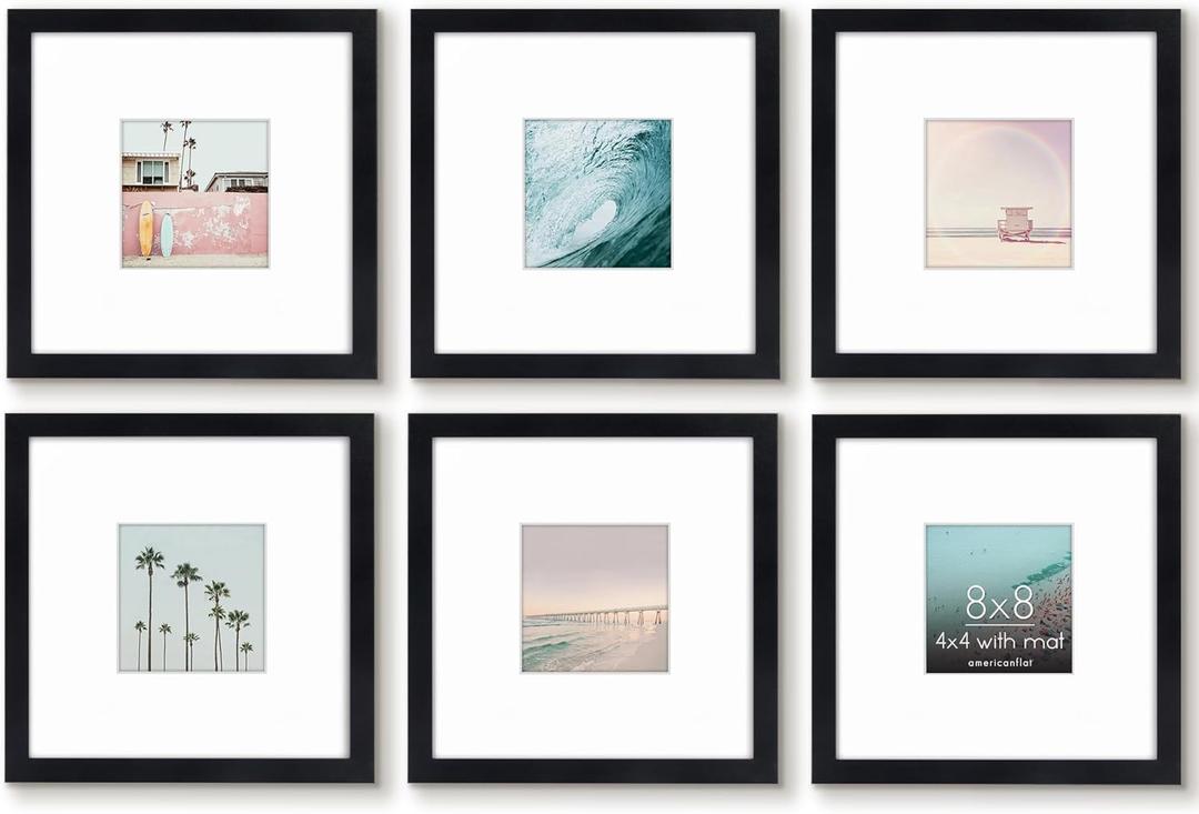 Americanflat 8x8 Picture Frame with Shatter-Resistant Glass - Set of 6 - Use as 4x4 Frame with Mat or Display 8x8 Photo Without Mat - Galleria Collection - Square Frames for Tabletop and Wall - Black