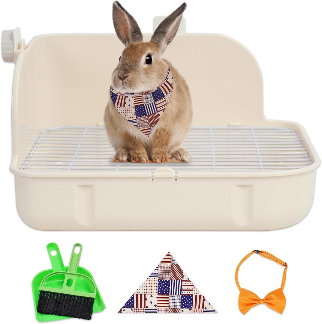 Rabbit Litter Box - Creamy White Pet Bunny Little Box Potty Trainer Ideal for Small Animal, Rabbit, Guinea Pig, Ferrets Rectangular Corner Litter Box Cage