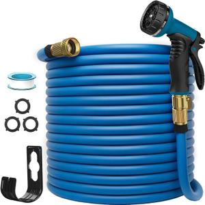 Garden Hose 100ft  Lightweight, Kink-Free & Leak-Proof Water Hose with 10-Function Spray Nozzle and 3/4" Solid Brass Fittings  Flexible Outdoor Hose for Yard, Garden, Lawn & Car Wash (Blue)