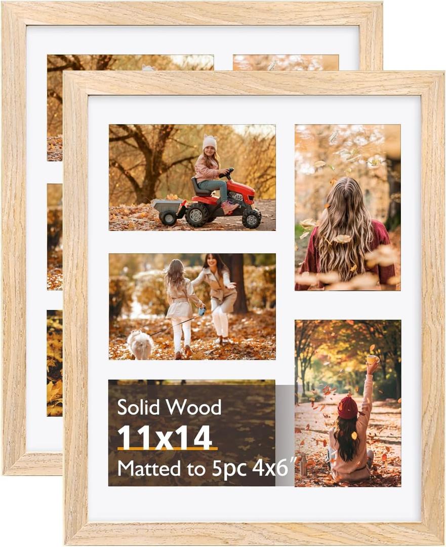 KINLINK 11x14 Collage Picture Frame, Natural Solid Wood frames for 5Pcs 4x6 Pictures with Mat or 11x14 without Mat for Wall Display, Set of 2