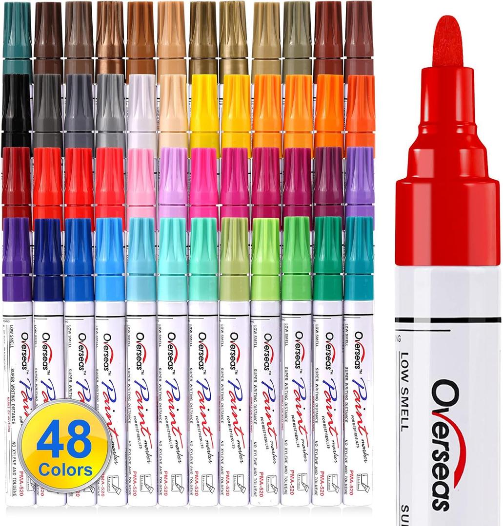 Overseas Paint Marker Pens - 48 Colors Permanent Oil Based Markers, Medium Tip, Quick Dry and Waterproof Assorted Color Paint Pen for Metal, Wood, Plastic, Rock, Stone, Canvas, Glass, Ceramics (1 Count (Pack of 48))