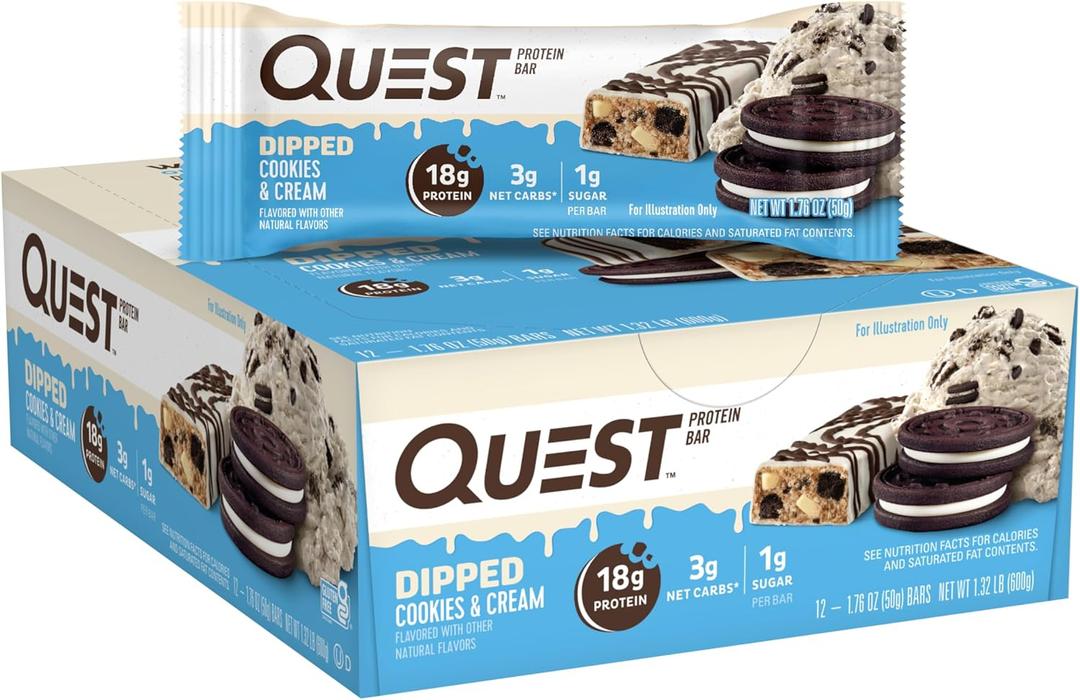 Quest Nutrition Dipped Chocolate Cookies & Cream Protein Bars, High Protein, Low Carb, Gluten Free, Keto Friendly, 12 Count
