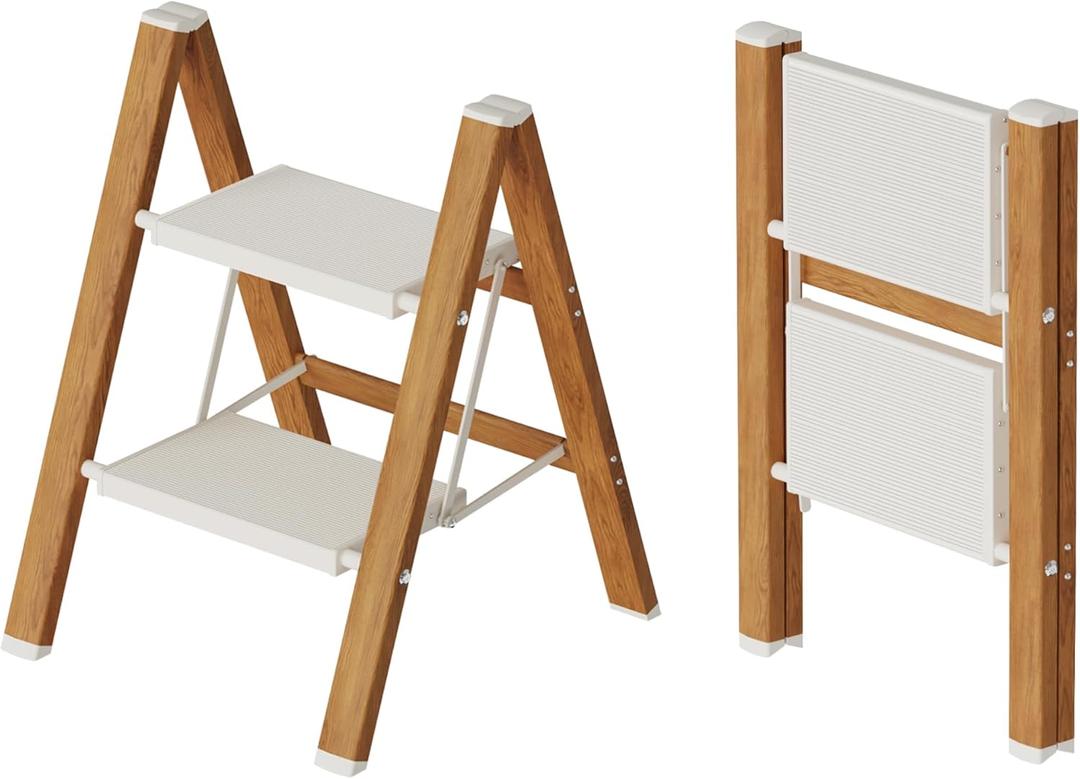 2 Step Lightweight Aluminum Folding Ladder, Portable Step Stool with Anti-Slip Pedals, 330 lbs Capacity for Home, Office, KitchenWhite&Woodgrain