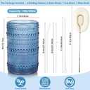 KMIGRUAN Large Hobnail Drinking Glasses Set of 6, 15oz Blue Vintage Glassware, Embossed Glass Cups, Water Tumbler, Highball Glasses For Beer, Juice And Various Mixed Drinks