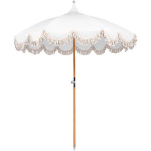 6.5ft Pagoda Beach Umbrella with Fringe, UPF 50+ Boho Umbrellas with Carry Bag, Premium Wood Pole Foldable Tassel Umbrella for Outdoor Garden Lawn Pool Yard Table