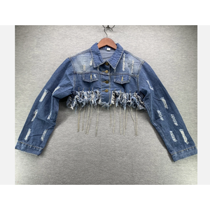 Women Denim Blue Cropped w/ Rhinestone and Denim Tassels Jacket, Size 8