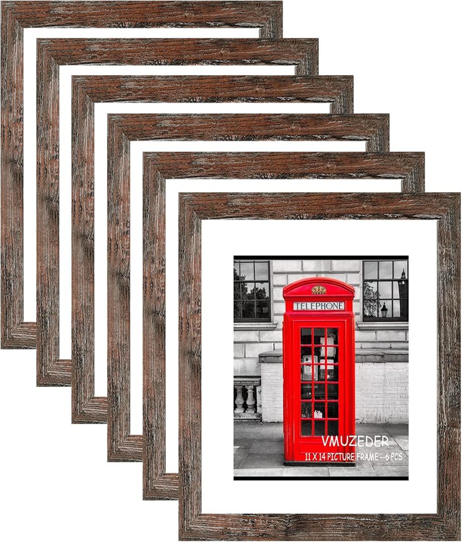 11x14 Picture Frame Rustic Brown Wood Set of 6,Display Pictures 8x10 with Mat or 11x14 Without Mat,Multi Photo Frames Collage for Wall