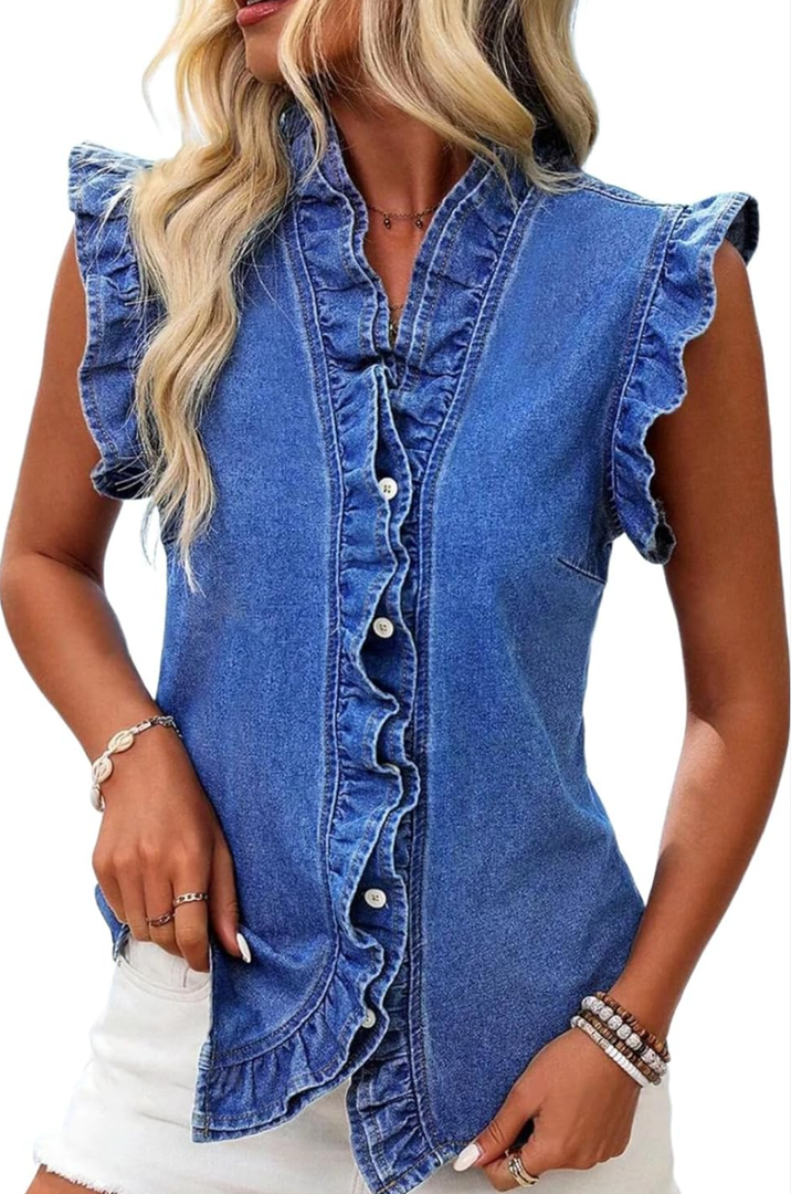 Women's New Summer Chic Button Down Denim Tops Ruffled Flutter Sleeve Blouse V Neck Casual Shirt Tops Size S/M