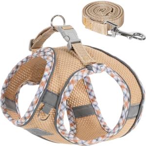 Petank Soft Mesh Dog Harness and Leash Set, No-Chock Step-in Reflective Breathable Lightweight Easy Walk Vest Harnesses with Safety Buckle for Small Dogs, Cats (Champagne, S)