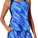 Summer Mae Blouson Tankini Swimsuits for Women 2025 Tummy Control Two Piece Bathing Suits with Sporty Pockets Swim Shorts (16, Blue Ocean Ripples)
