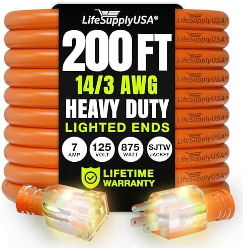 200ft Outdoor/Indoor Extension Cord 14/3 Gauge Heavy Duty 3 Prong SJTW, Waterproof, Flexible Cold-Resistant Long Power Cord,7A 125V 875W, Orange by LifeSupplyUSA