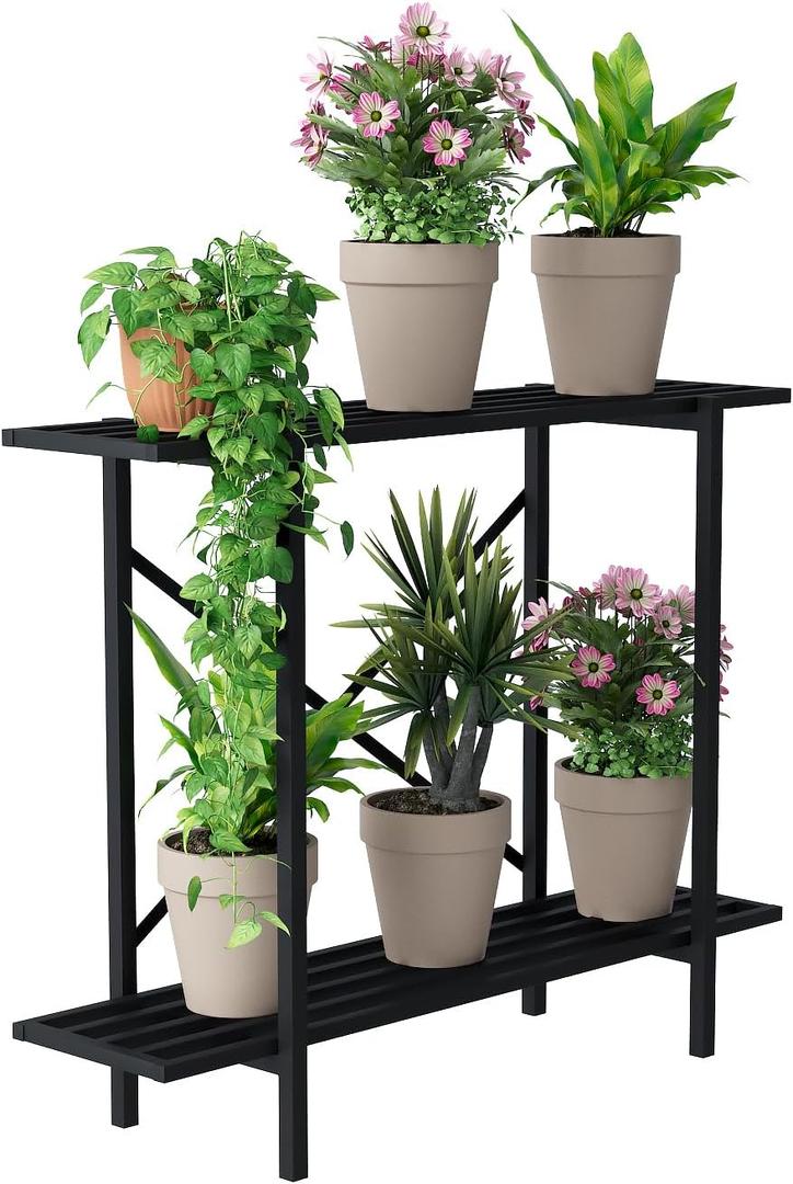Zhongma 2 Tier Window Height Metal Sturdy Heavy Plant Stand, Narrow Plant Stand Indoor and Outdoor, L35.43 x W10.3 x H27.5 inch, 440 LBS Capacity & Heavy Duty Construction