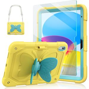 Ambison Case for iPad (A16) 11th/10th Generation 2025/2022 10.9'' for Kids Girls, with 9H Tempered Glass Screen Protector, Heavy Duty Protective Case with Butterfly Stand, Carrying Strap-Yellow