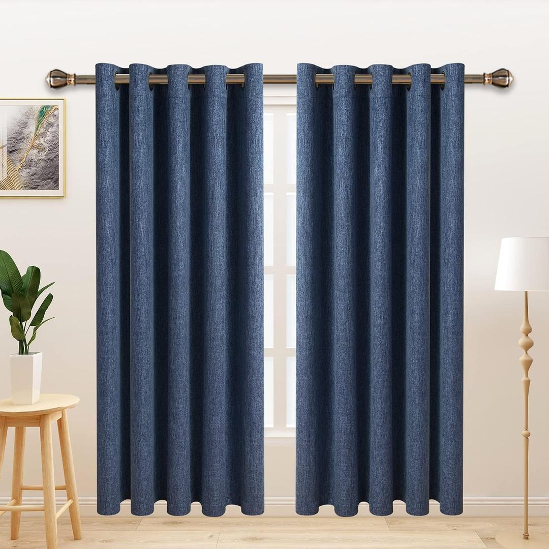 LORDTEX Linen Look Textured Blackout Curtains with Thermal Insulated Liner - Heavy Thick Grommet Window Drapes for Bedroom, 70 x 84 Inches, Blue, Set of 2 Panels