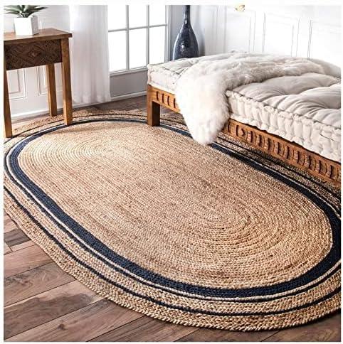 Vipanth Natural Jute Handmade Area Rug Indian Rug, Rustic Rug in Oval Shape for Home Decor, Kitchen, Hallway, Living Room (36 x 72 Inch Oval (3x6 Feet), Beige with Black Line)