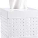 Metal Tissue Box Cover Square, Hand Hammered Tissue Box Holder, Classic White Tissue Box Cover Napkin Dispenser Accessories for Bathroom, Countertops, Dressers, Night Stand, Parlors and Office