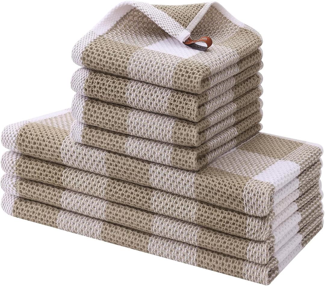 Homaxy Kitchen Towels and Dishcloths Set, 12 x 12 and 13 x 28 Inches, Set of 8 100% Cotton Waffle Weave Check Plaid Kitchen Dish Towels, Super Soft and Absorbent Dish Cloths, White & Khaki