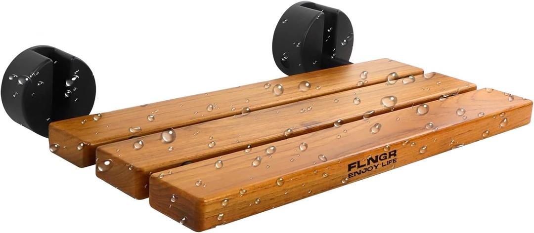 20 inchs Teak Folding Shower Seat Wall Mounted,Fold Down Shower Bench for Small Shower Space, Home Care Teak Wood Stool for Inside Shower,Pregnants-Maximum Load 440lb,for Elderly, Adults (Black & Yellow)