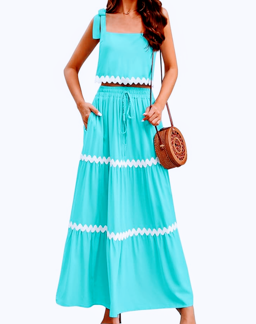 Womens Two Piece Skirt Set 2024 Summer Sets Tank Top Maxi Skirt Beach Vacation Outfits with Pockets, Size Large 