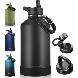 CIVAGO Gallon Insulated Water Bottle Jug with Straw, 128 oz Large Stainless Steel Water Flask, Big Metal Thermal Mug with 3 Lids for Sports, Travel, Gym, and Camping, Black