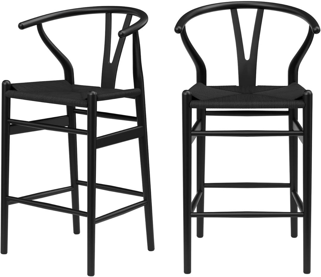 Weave Counter Height Bar Stool, 27" Fully Assembled Wishbone Barstool with Back and Straight Wood Legs, Mid Century Modern Bar Chair Island Stool for Kitchen Island, Black, Pack of 1 