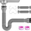 2 Packs Expandable Flexible P-Trap Pipe Kit (1 1/2" or 1 1/4") Single Kitchen Sink Drainage Solution Includes Adapter Seal Ring for Garbage Disposal - Gray