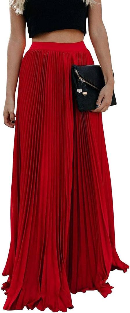 ebossy Women's High Waist Flowy Pleated Chiffon Maxi Skirt (Large, Red)
